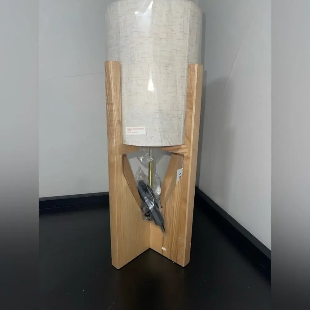 Anthony California Wood Cross Base Table Lamp Linen Shade NIB Mid Century Mod
